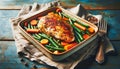 Herb-crusted chicken breast served with green beans and carrots on a rustic blue table