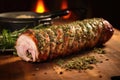 herb-crusted pork loin rotating on a home spit