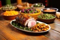 herb-encrusted pork loin amid colorful side dishes on a wooden table