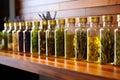 herb infused oils lined on a lighted shelf Royalty Free Stock Photo