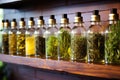 herb infused oils lined on a lighted shelf Royalty Free Stock Photo