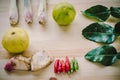 Herb ingredient of Tom Yum spicy soup Thai food cuisine on wooden background. Royalty Free Stock Photo