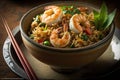 Herb and spice fried rice with shrimp, cooked in an Asian style
