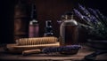 Herbal aromatherapy oil in purple beauty bottle generated by AI