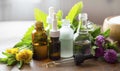 Herbal aromatherapy oils with medicinal plants and herbs, essential oils bottles