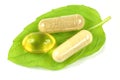 Herbal capsules and fish oil capsule on mint leaf