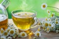 Herbal chamomile tea and chamomile flowers near teapot and tea glass on wooden table. Countryside background