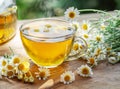 Herbal chamomile tea and chamomile flowers near teapot and tea glass on wooden table. Countryside background