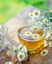 Herbal chamomile tea and chamomile flowers near teapot and tea glass. Top view