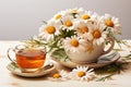 Herbal chamomile tea in a cup and a bouquet of flowers on the table