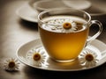 Herbal chamomile tea and chamomile flowers near teapot and tea glass Royalty Free Stock Photo