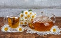 herbal chamomile tea and flowers. teapot and tea glass Royalty Free Stock Photo