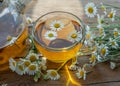 Herbal chamomile tea and chamomile flowers on wooden table. Top view Royalty Free Stock Photo