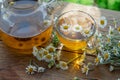 Herbal chamomile tea and chamomile flowers on wooden table. Top view Royalty Free Stock Photo