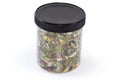 Herbal collection of dried medicinal plants in closed plastic container