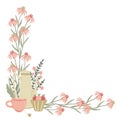Herbal corner frame with teapot, mug of tea and wild or meadow echinacea flowers