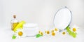 Herbal cosmetic body cream in opened container, bottle with natural oil, fresh chamomile flowers, mirror on white
