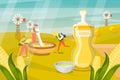 Herbal cosmetic vector illustration. People collect product in container. Man processes plants to make lotions and masks