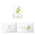 Herbal cosmetics logo. Green leaves and lettering. Identity.