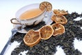 Herbal cup of tea with leaves and lemons Royalty Free Stock Photo