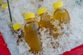 Herbal drink Chrysanthemum tea in plastic bottle on ice Royalty Free Stock Photo