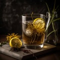 Herbal Dandelion And Burdock Drink In Glass With Fresh Roots And Lemon Slice