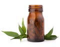 Herbal drug capsules in brown glass bottle. Alternative medicine