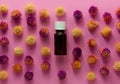 Herbal essential oil glass bottle mockup purple flowers background. Alternative medicine skin care spa aromatherapy