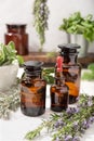 Herbal essential oil on vintage apothecary bottles