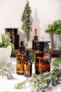 Herbal essential oil on vintage apothecary bottles
