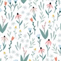 Herbal floral seamless pattern. Hand drawn colorful flowers, plants, leaves. Spring, summer set. Wild garden, meadow Royalty Free Stock Photo