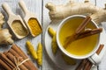 Herbal ginger and turmeric tea in white cup with ginger root, dry turmeric, cinnamon sticks and their powder