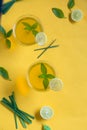 Herbal green tea with lemongrass in glass cup with fresh limes. Top view of two cups of Lemon Grass Drink on a Yellow Background