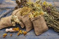 Herbal harvest collection and bouquets of wild herbs. Alternative medicine. Natural pharmacy, self-care concept Royalty Free Stock Photo