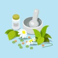 Herbal heeling cure alternative medicine 3d isometric vector Royalty Free Stock Photo