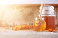 Herbal honey in jar with dipper, honeycomb, bee pollen granules, calendula flowers on grey background Royalty Free Stock Photo