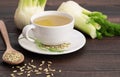 Herbal infusion fennel tea in glass cup or mug with dried fennel seeds and fennel bulbs