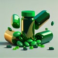 Herbal medicine in capsules on green leaves Royalty Free Stock Photo