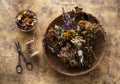 Dried herbs and flowers for herbal tea, top view Royalty Free Stock Photo