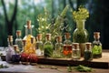 Herbal medicine concept. Dry natural ingredients and remedy bottle on the wooden table background. Witchcraft