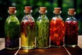 Herbal medicine concept. Dry natural ingredients and remedy bottle on the wooden table background. Witchcraft