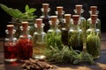 Herbal medicine concept. Dry natural ingredients and remedy bottle on the wooden table background. Witchcraft