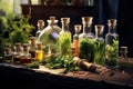 Herbal medicine concept. Dry natural ingredients and remedy bottle on the wooden table background. Witchcraft