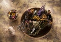 Various dried herbs and flowers for herbal tea, top view Royalty Free Stock Photo