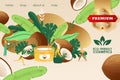 Herbal medicine, eco-friendly cosmetic, banner vector illustration. Coconut oil cream, organic healthy beauty product