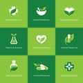 Herbal medicine icons on green background