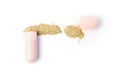 Herbal medicine powder capsule on white background