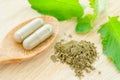 herbal medicine powder and capsules with green organic herb leaves.