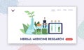 Herbal Medicine Research Landing Page Template. Tiny Doctor Male Character with Laptop Sitting on Bottle with Leaves