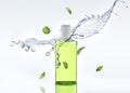 The herbal moisturizing shampoo stands on the white background with water splash and mint leaves